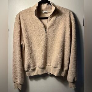 Topshop Quarter Zip Pullover Cream Teddy Cozy Athleisure Travel Minimalist Comfy